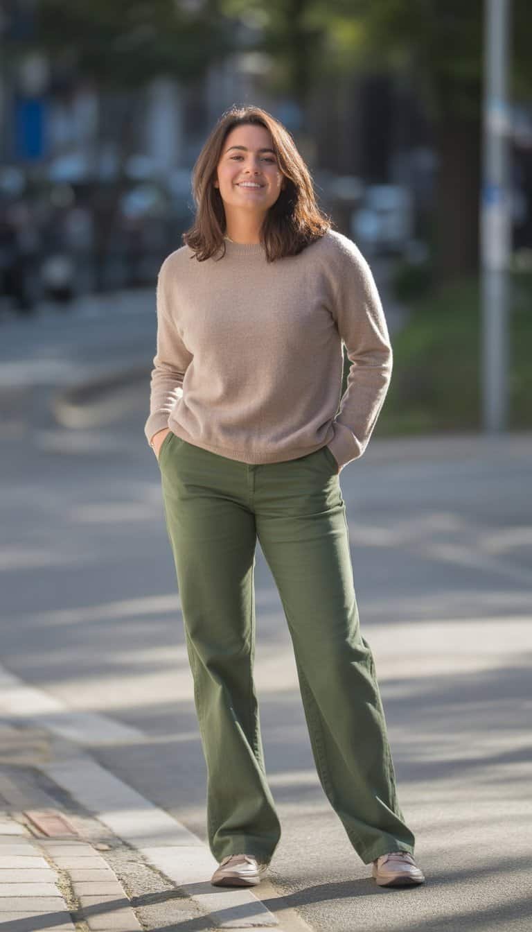 A young woman standing outdoors on a city street, wearing olive green pants and a beige sweater, looking relaxed and smiling gently.