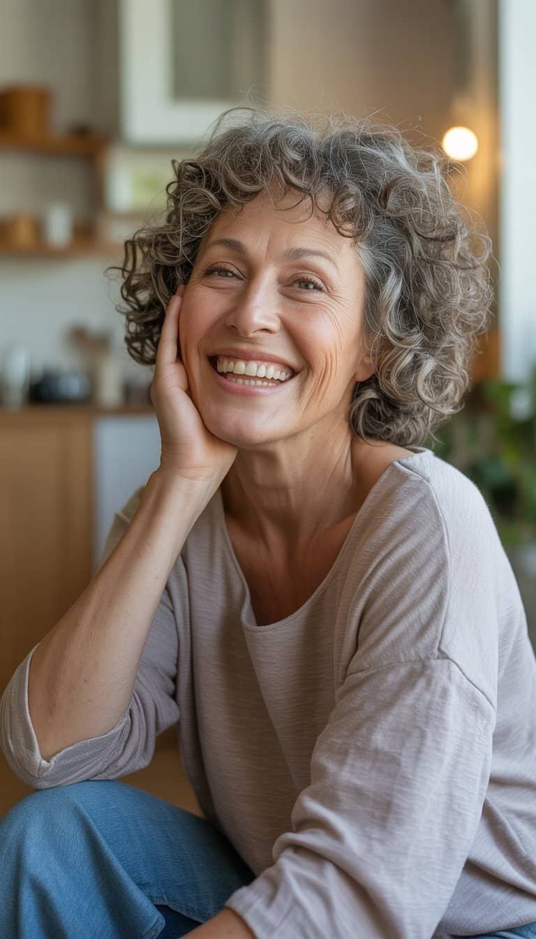 A smiling older woman with curly hair sitting in a cozy, everyday setting.