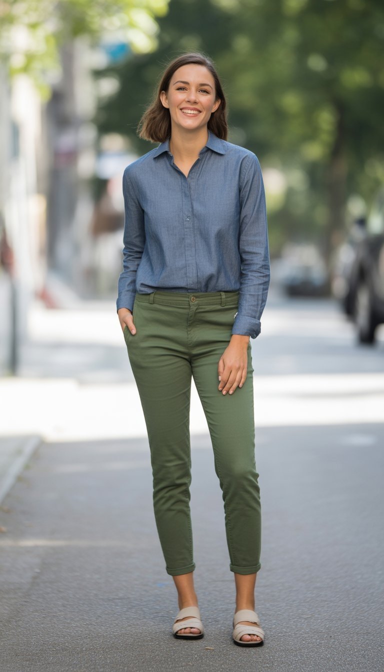 A young woman standing outdoors on a quiet street, smiling and looking relaxed, wearing olive green pants and a blue shirt.