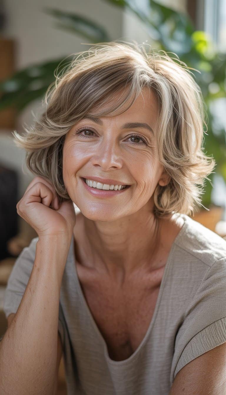 A woman over 60 with feathered hair smiling naturally in a casual indoor setting.