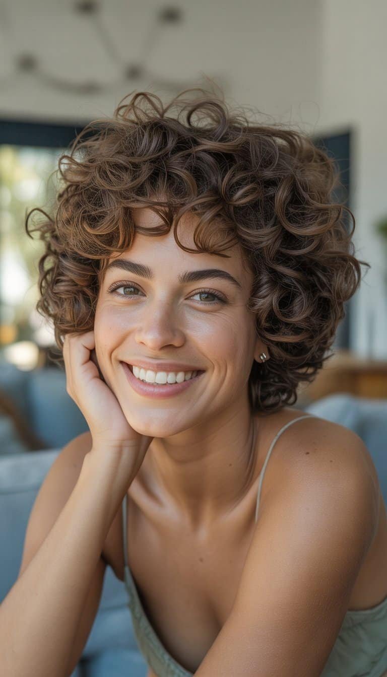 A woman with curly hair smiling naturally in a casual indoor setting.