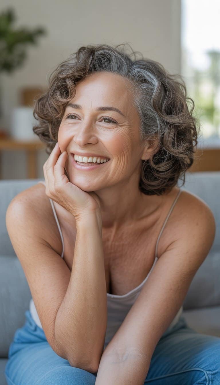 A smiling older woman with curly hair standing in a cozy indoor setting.