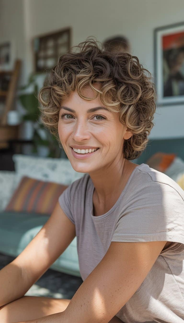 A woman with curly hair smiling naturally in a casual indoor setting with soft lighting.