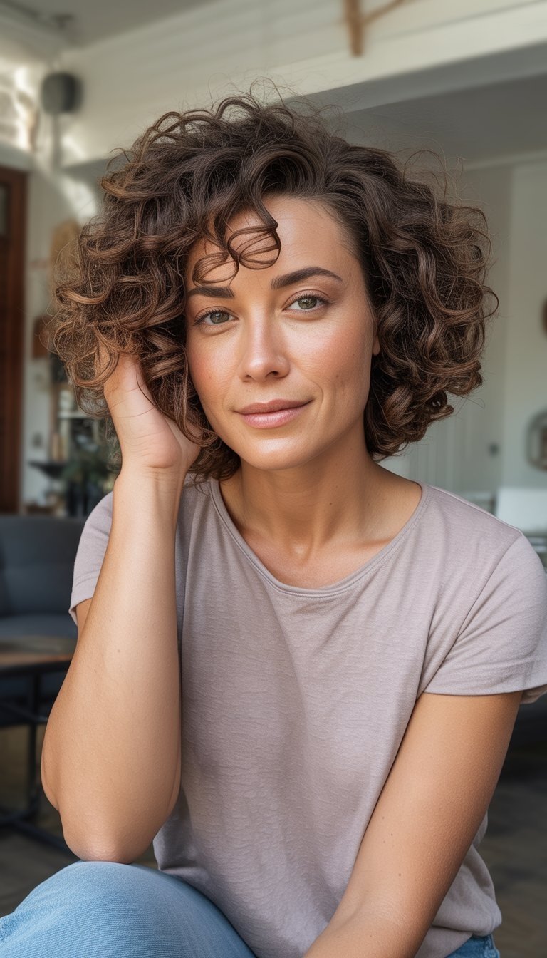 A woman with curly hair styled in an asymmetrical cut is casually standing in a simple indoor setting, wearing casual clothes and looking relaxed.