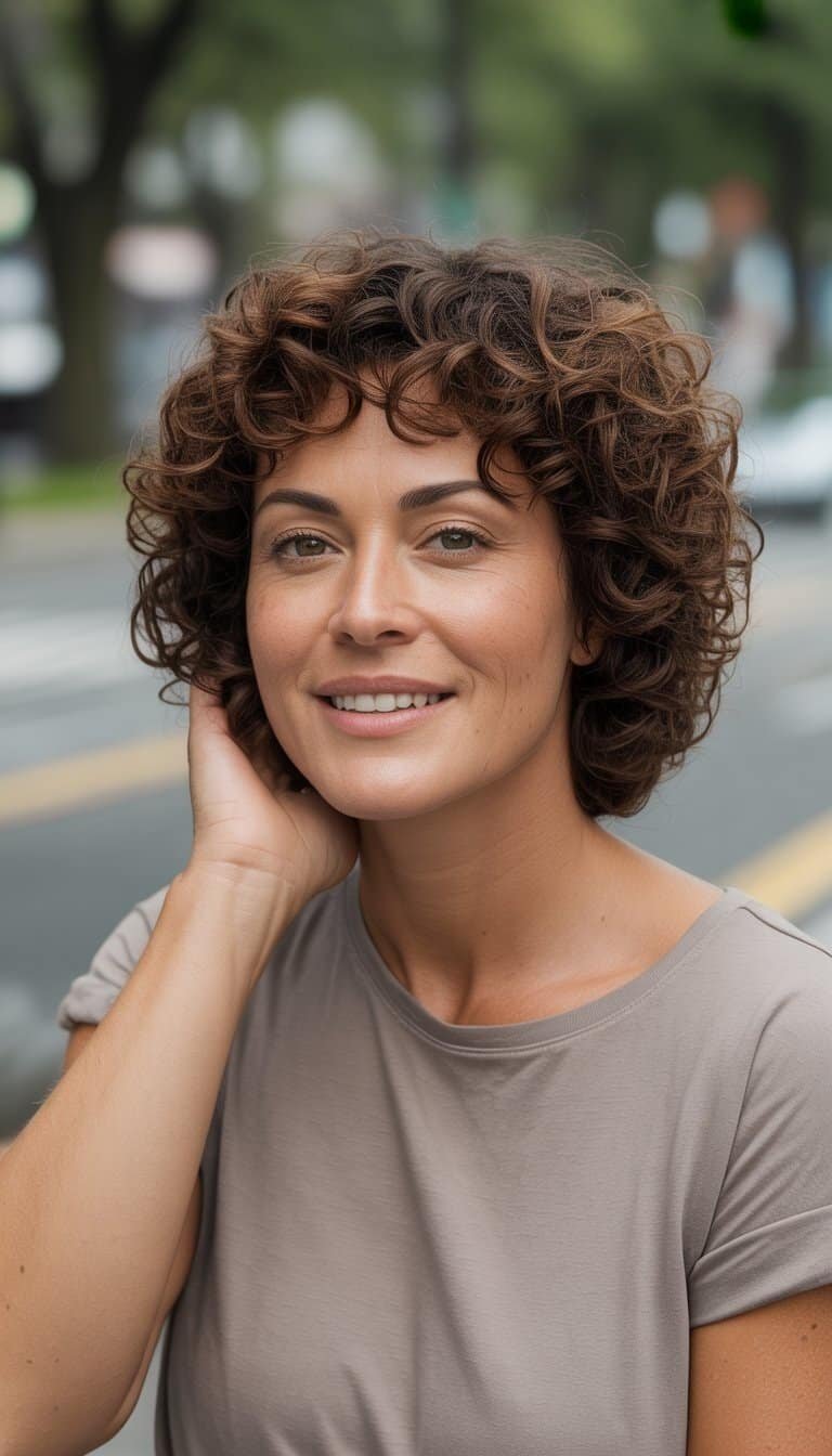 A woman with curly hair standing outdoors in a casual setting, smiling naturally.
