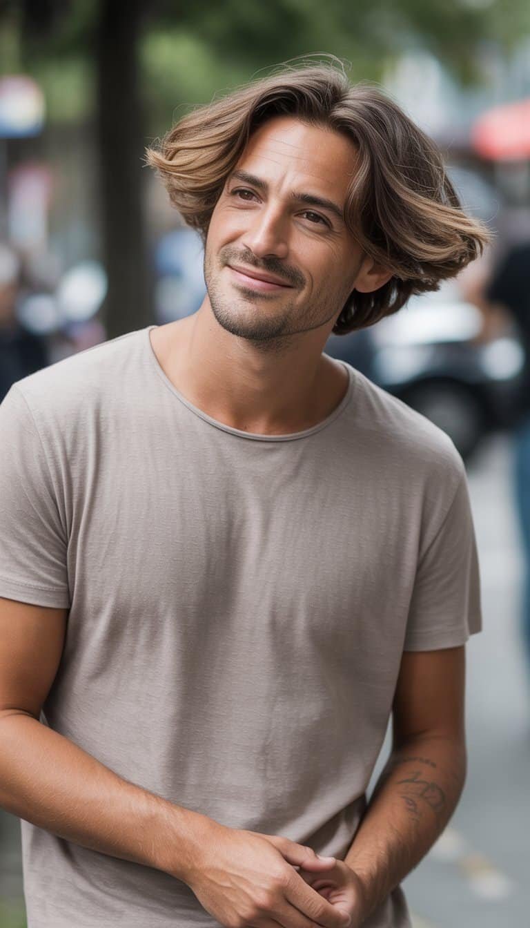 A man with medium-length flowy hair stands outdoors wearing casual clothes, looking relaxed and natural.