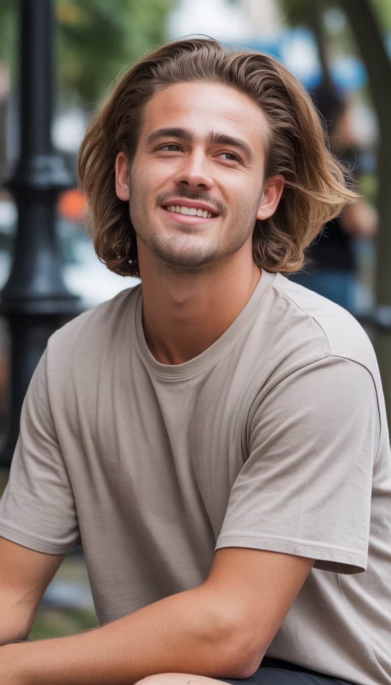 A young man with long, flowy hair casually standing outdoors with a relaxed expression, wearing casual clothing.