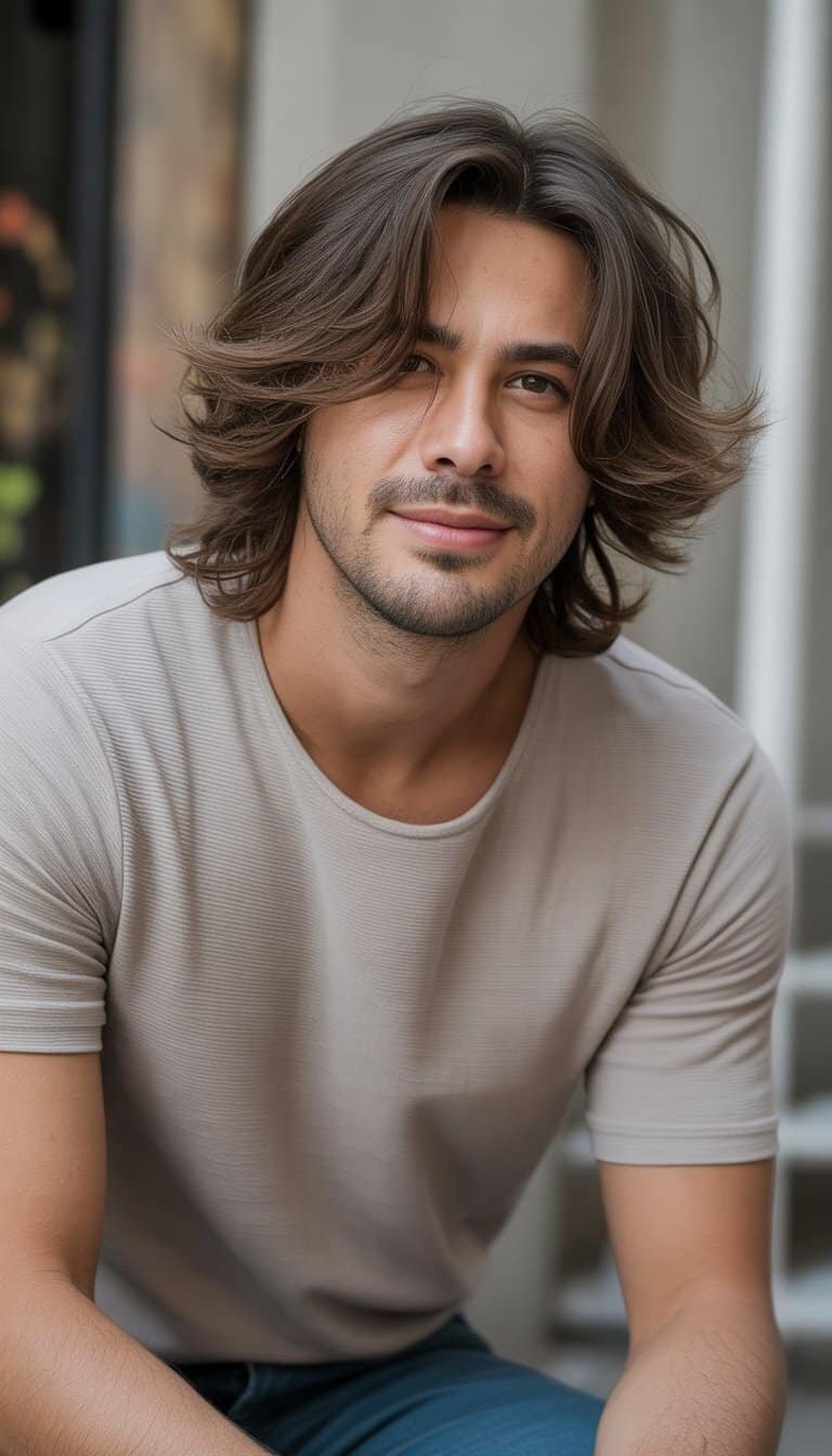 A man with medium length layered hair standing outdoors with a relaxed expression, wearing casual clothes.