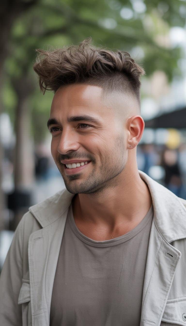 A man with a low fade haircut and flowy hair, casually standing outdoors with a relaxed expression.