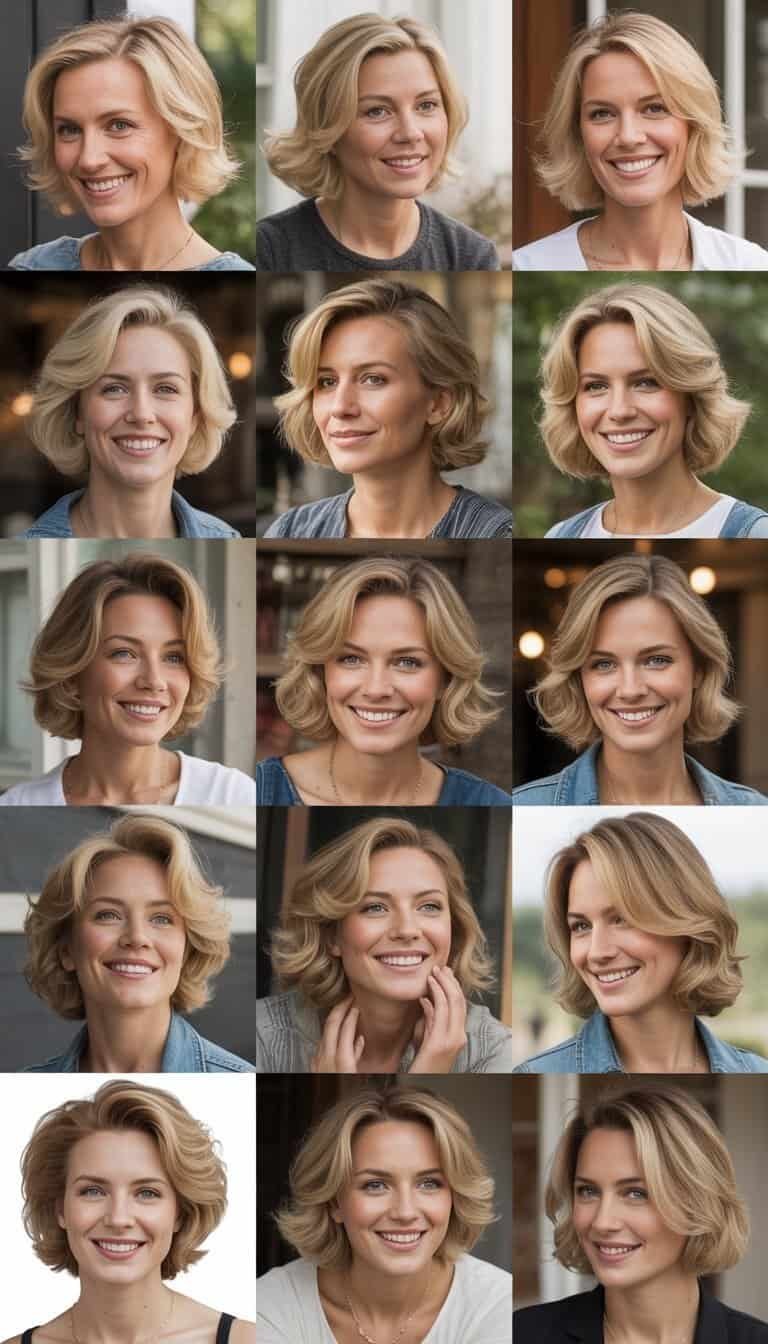 A group of women with various blonde hairstyles in casual settings, smiling and interacting naturally in everyday environments.