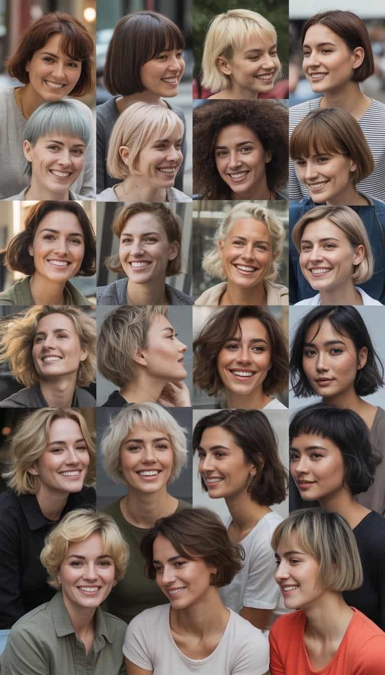 A group of women with different ear-length haircuts standing and sitting in everyday outdoor and indoor settings.