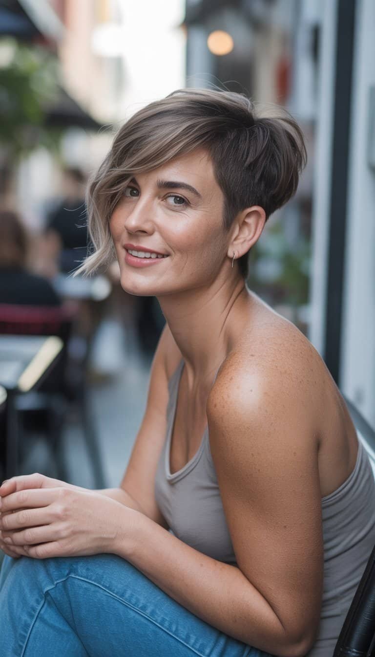 A woman with short, asymmetrical hair smiling naturally in a casual indoor or outdoor setting.