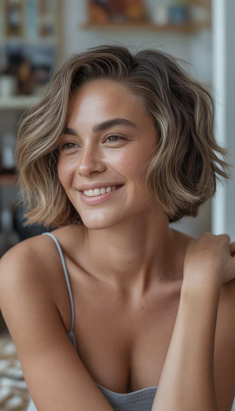 A woman with a wavy bob haircut standing in a casual indoor setting, smiling naturally.