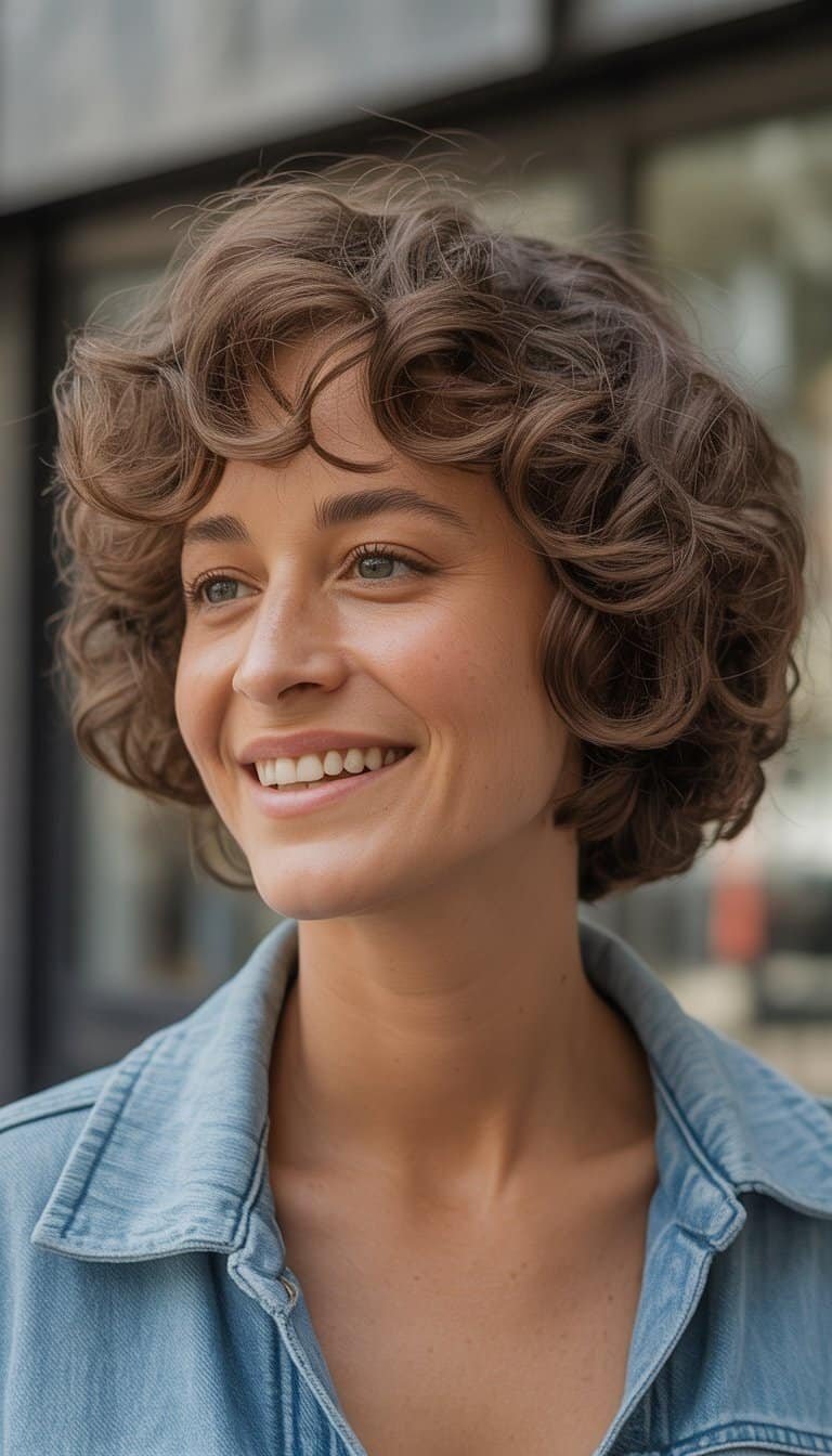 A woman with curly ear-length hair smiling naturally in a casual outdoor setting.
