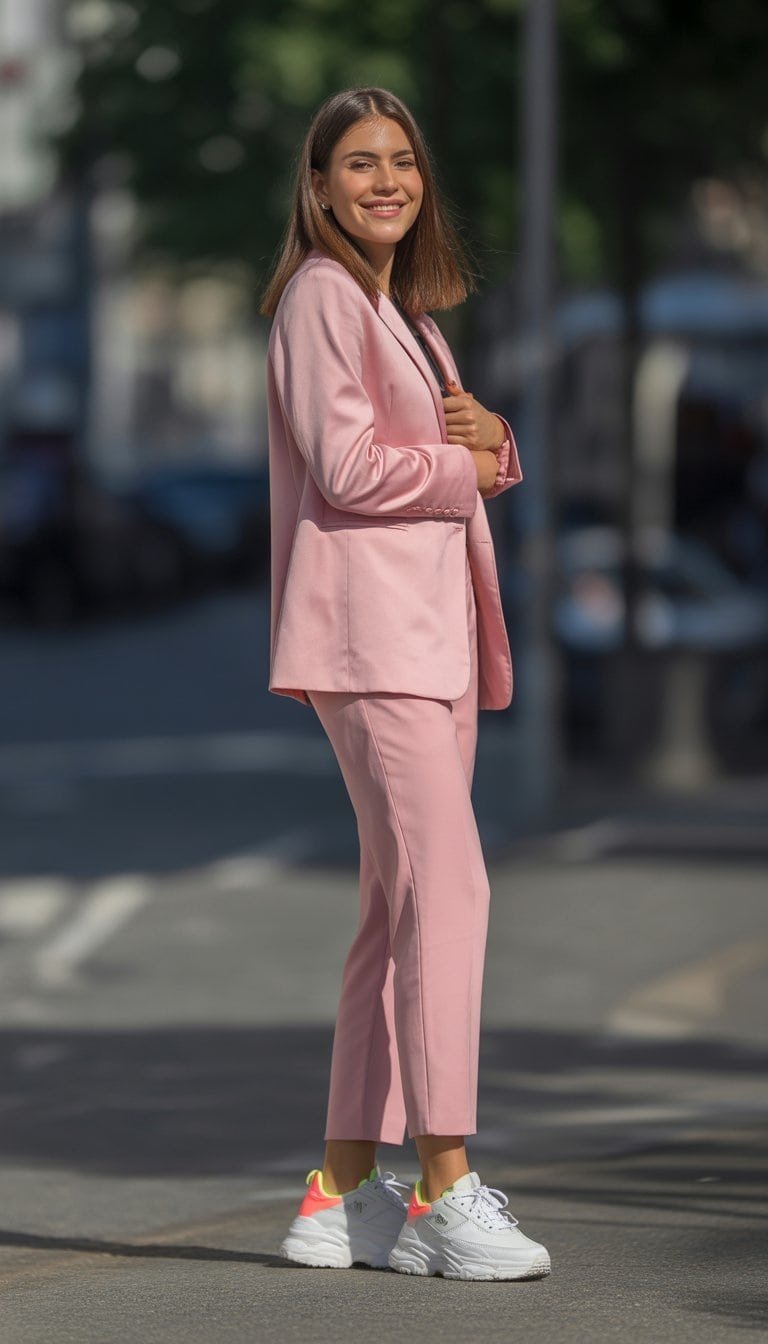 A young woman standing outdoors on a city street wearing a pink pantsuit and white sneakers with neon details.