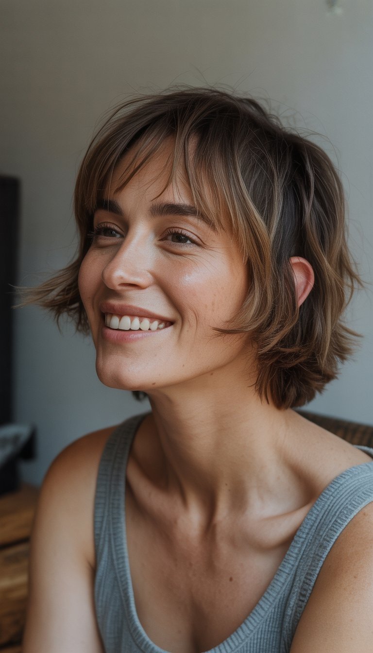 A woman with a messy ear-length shag haircut is standing in a casual setting, wearing everyday clothes and smiling naturally.