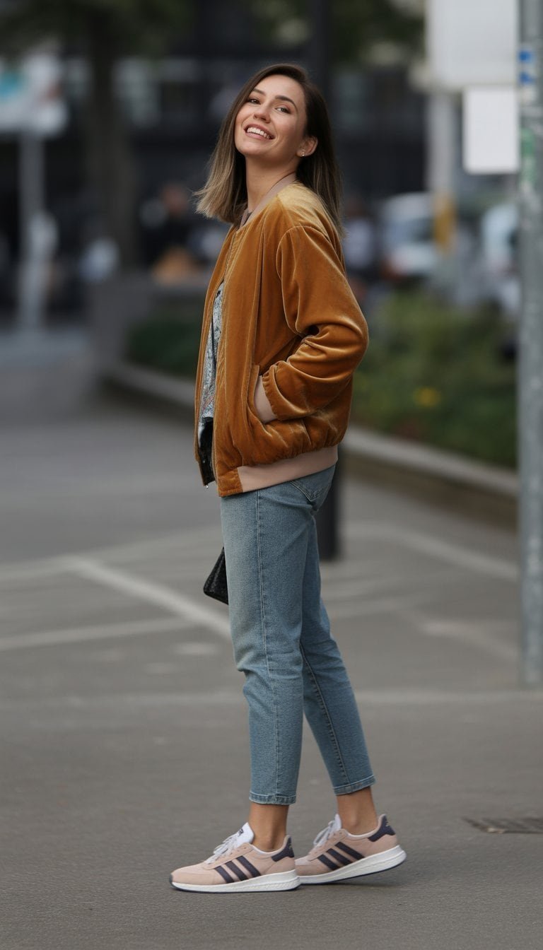 A young woman standing outdoors on a city street, shown from head to toe, wearing a jacket, jeans, and sneakers.