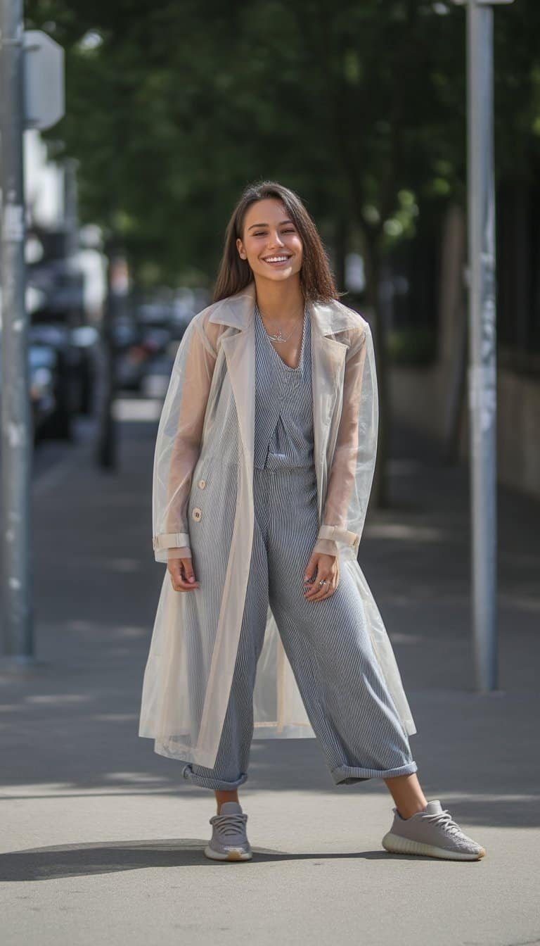 A young woman standing outdoors on a city street, shown from head to toe, wearing a trench coat and sneakers.