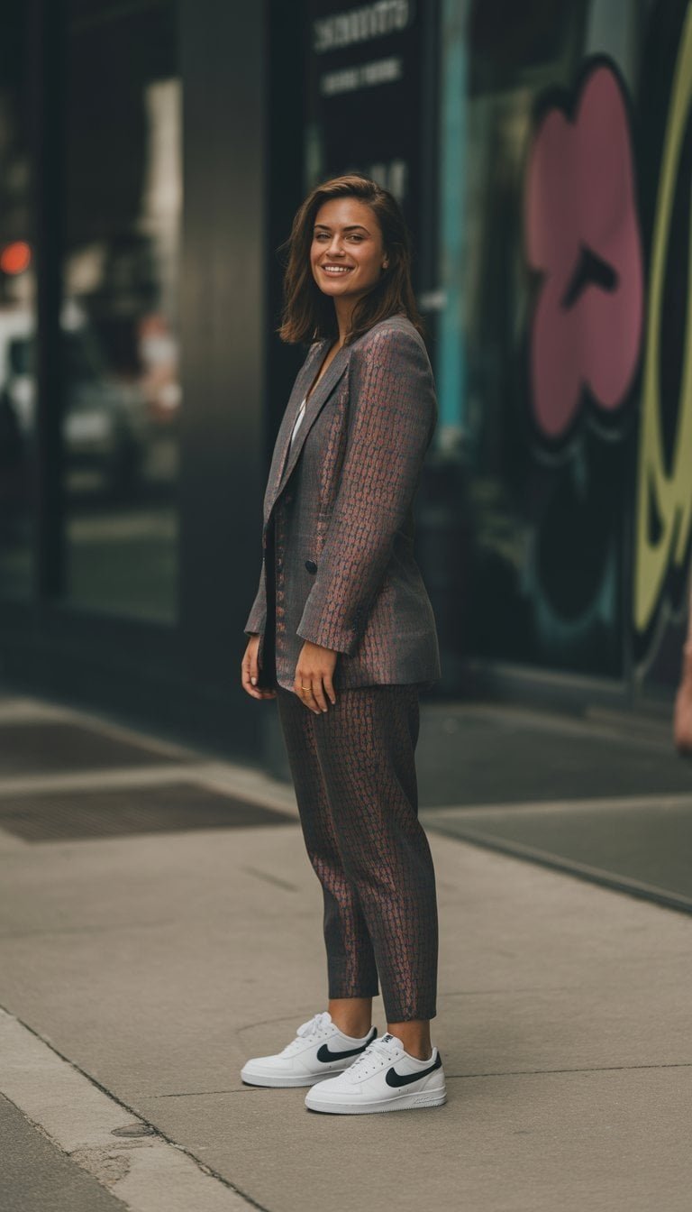 A young woman standing outdoors on a city street, wearing a bold patterned suit and sneakers, looking confidently at the camera.