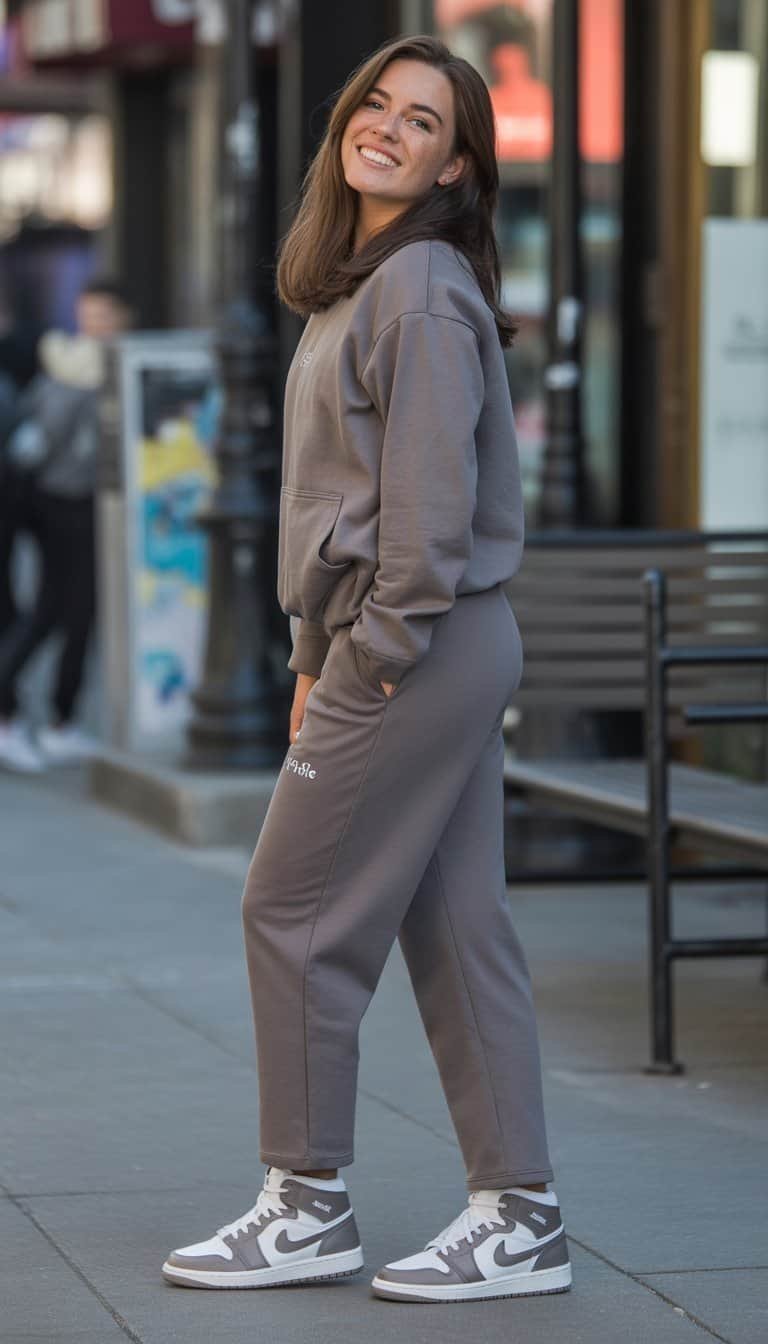 A young woman standing outdoors in a city environment, wearing a matching athletic outfit and sneakers, looking relaxed and confident.