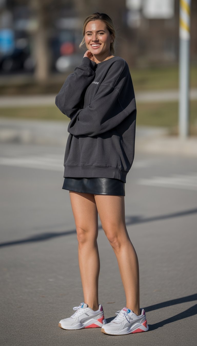A young woman standing outdoors on a city street, wearing a leather skirt, oversized sweatshirt, and sneakers, shown in a full-body photo.