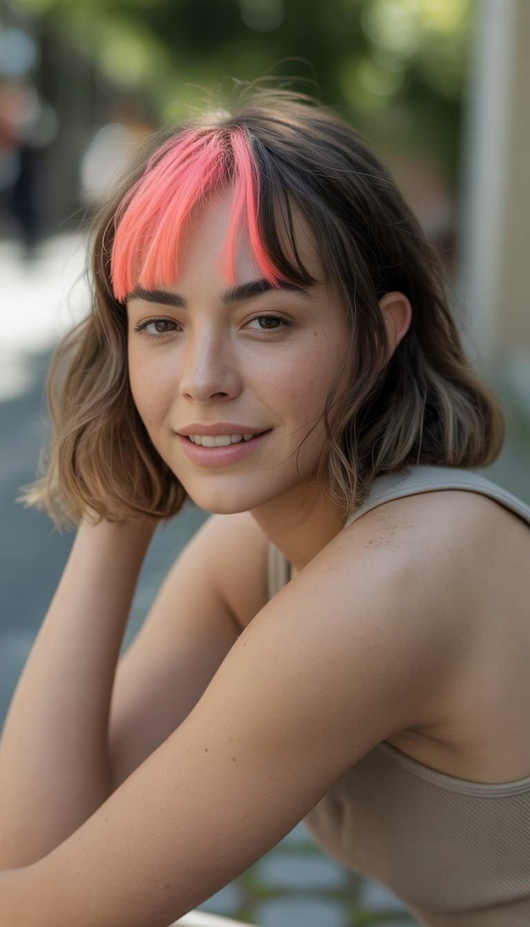 A young woman standing outdoors with pink bangs and a relaxed expression.