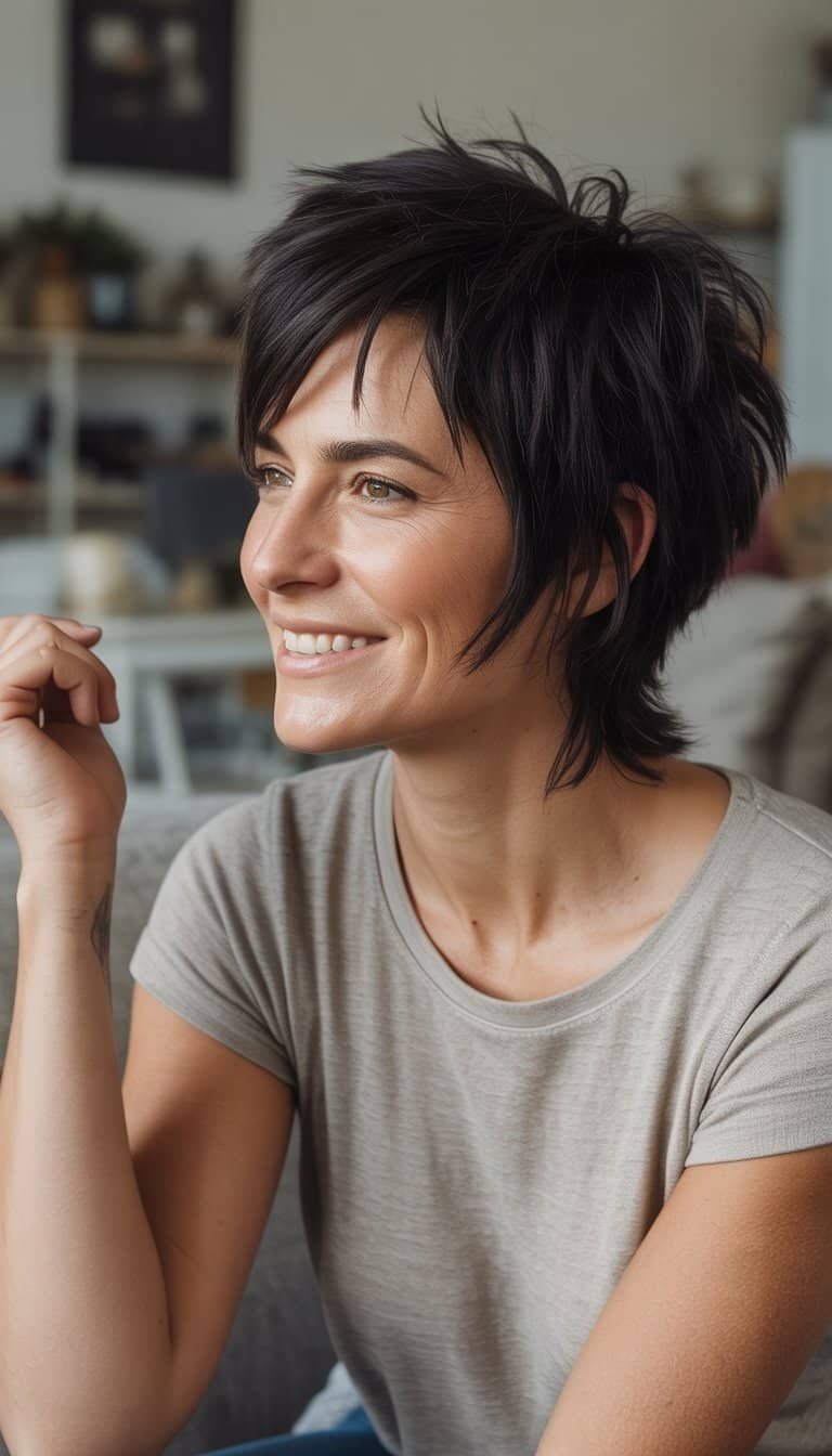 A woman with a layered black haircut in a casual setting, wearing simple clothes and smiling naturally.