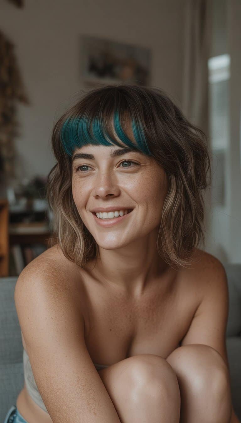 A woman with teal streaked bangs smiles naturally in a casual indoor setting.