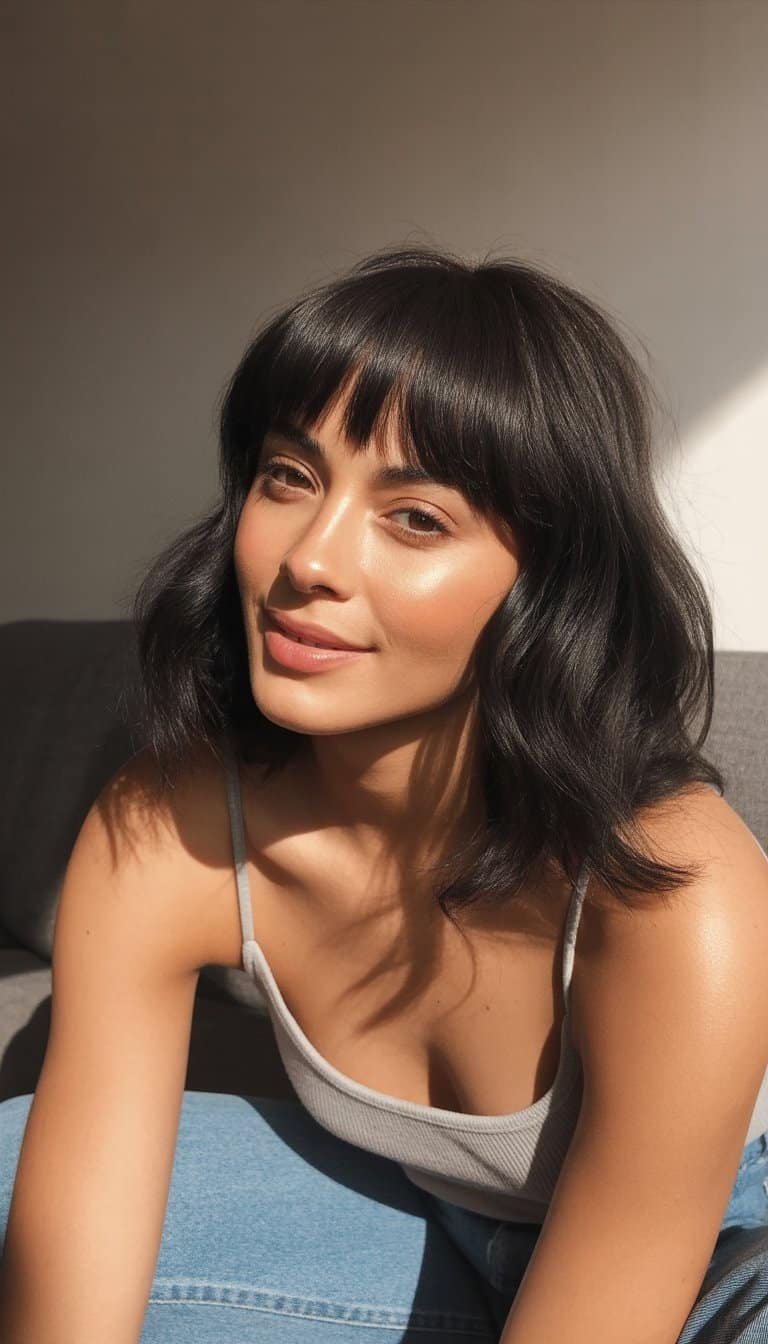A woman with a black wolf cut hairstyle and curtain bangs standing in a casual indoor setting, looking relaxed and natural.