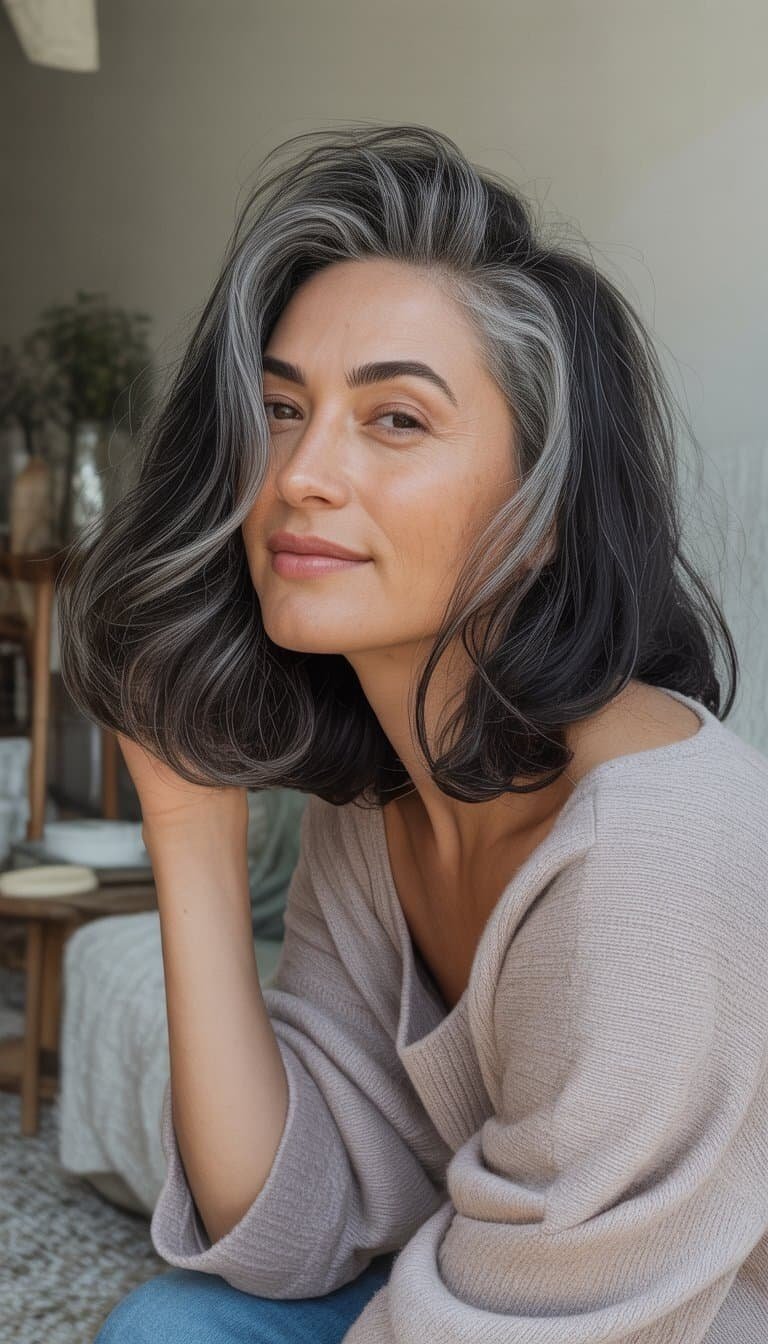 A woman with black and gray hair sits casually in a natural, everyday environment, wearing simple clothes and a relaxed expression.