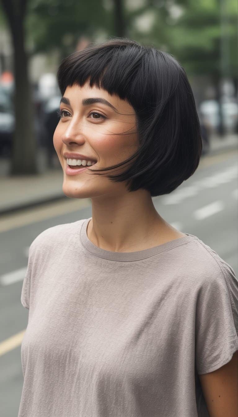 A woman with a short black hairstyle stands outdoors in a casual setting, wearing simple clothes and smiling naturally.