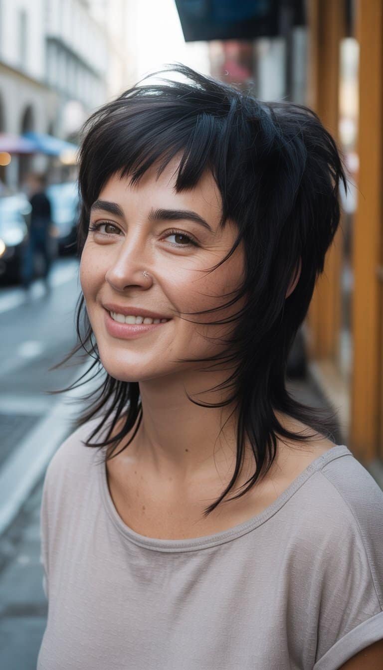 A woman with layered black hair standing outdoors in casual clothes, looking relaxed and natural.