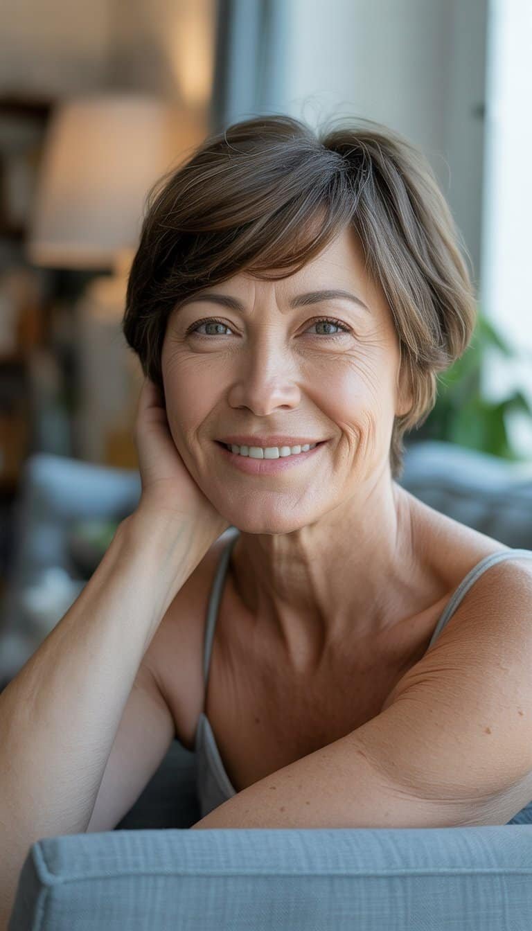 A woman over 50 with a short haircut smiling naturally in a casual indoor setting.