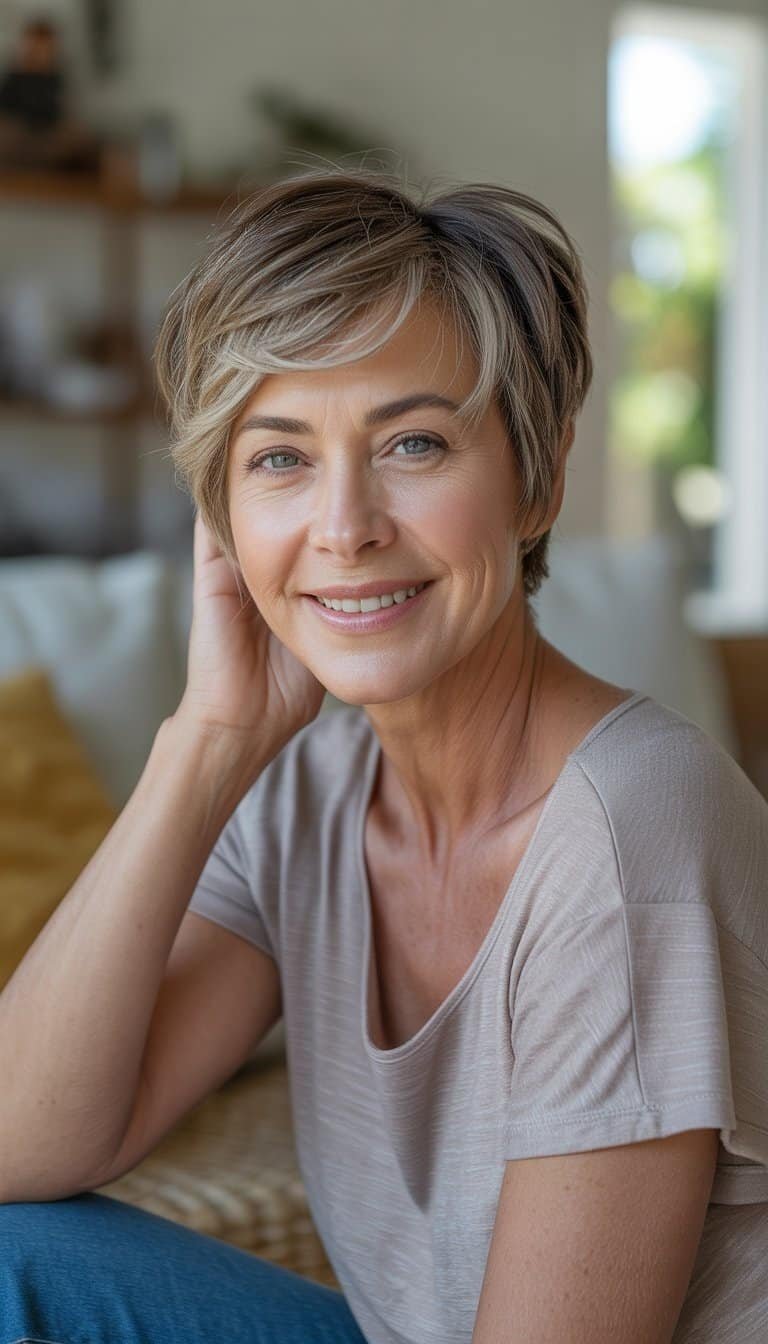 A woman over 50 with short hair smiling naturally in a casual indoor setting.