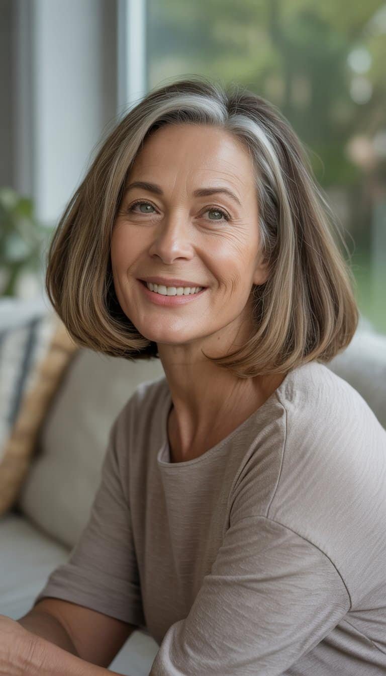 A woman over 50 with a short bob hairstyle smiling naturally in a casual setting.