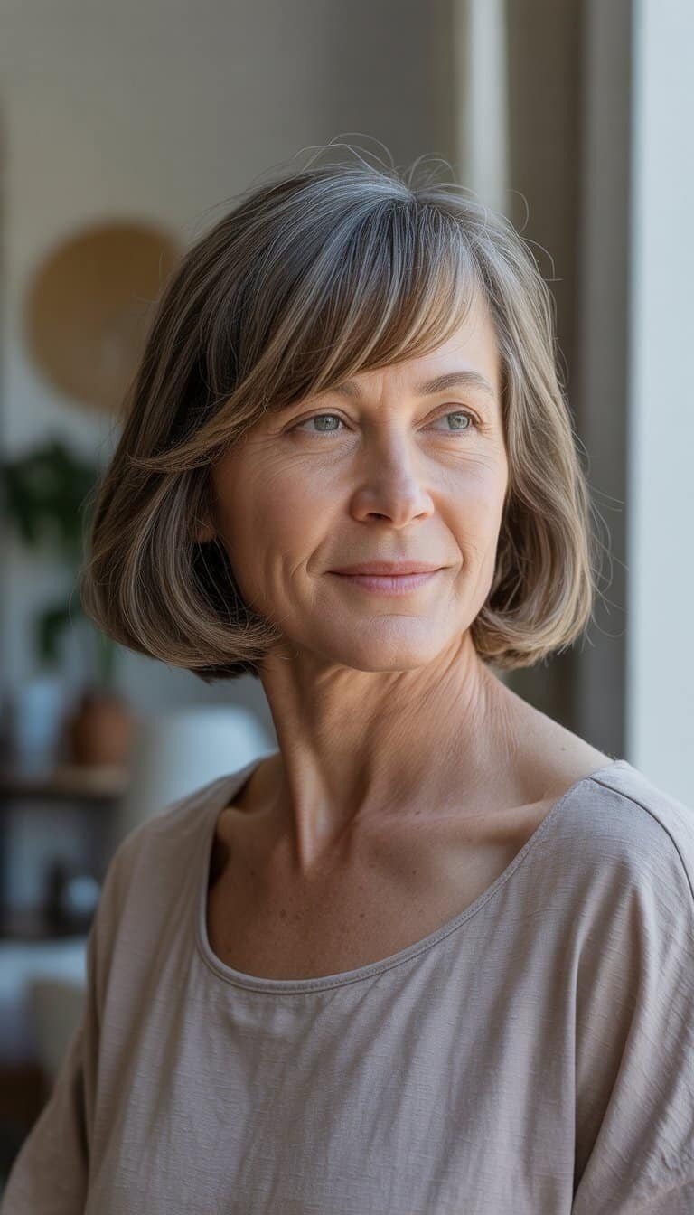 A woman over 50 with a side-swept bangs bob hairstyle stands casually in a softly lit everyday setting, wearing casual clothes and smiling naturally.