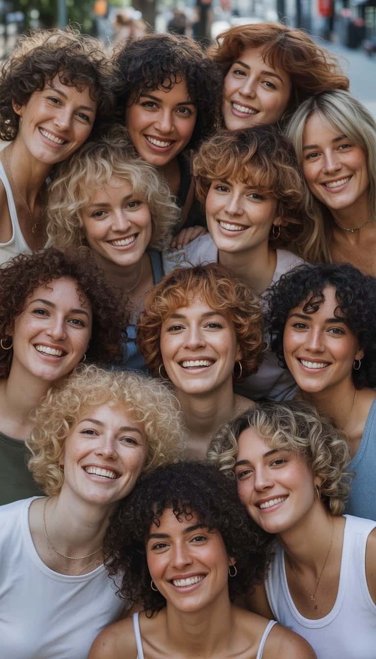 A group of women with curly hair standing and sitting together outdoors, smiling and interacting naturally in a casual setting.