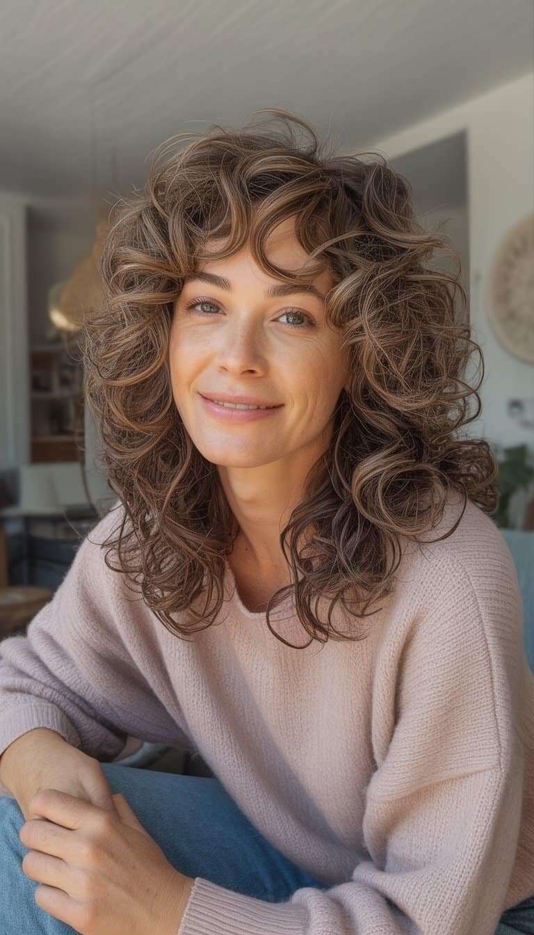 A woman with curly hair stands in a casual indoor setting, wearing simple clothes and looking relaxed and natural.