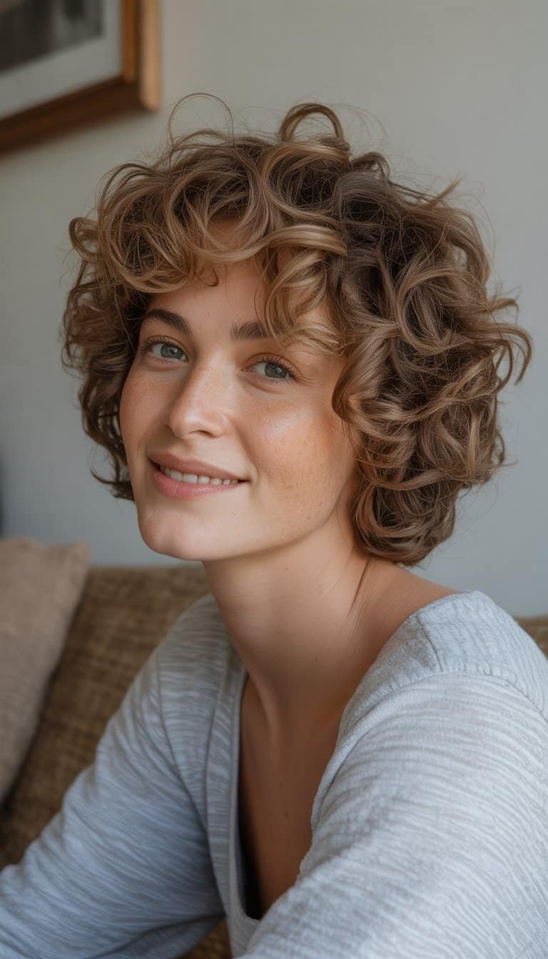A woman with curly hair smiling naturally in a casual indoor setting.
