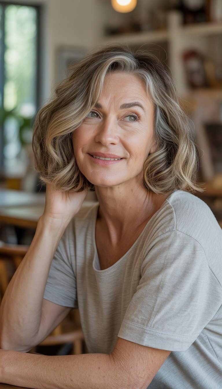 A mature woman with a short wavy bob hairstyle smiling gently in a casual indoor setting.