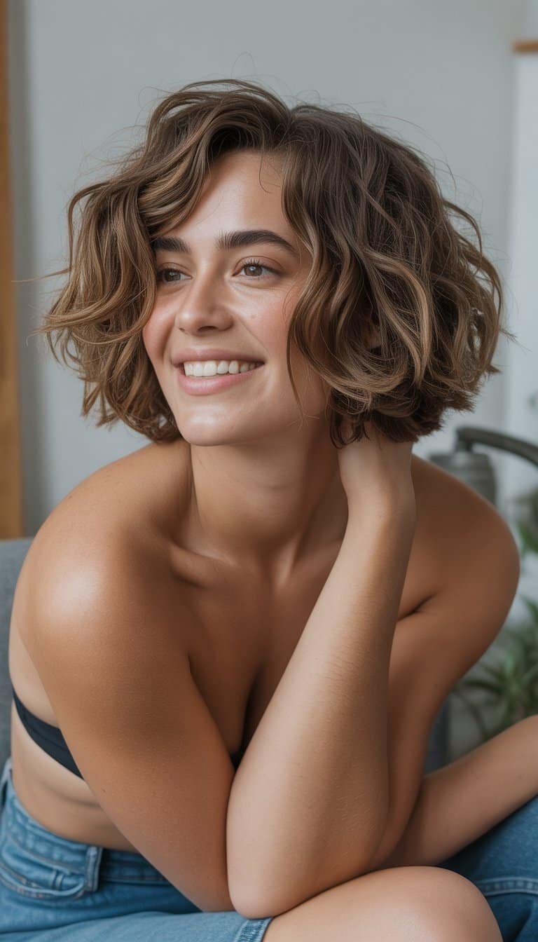 A woman with curly hair smiling naturally in a casual setting with soft lighting.