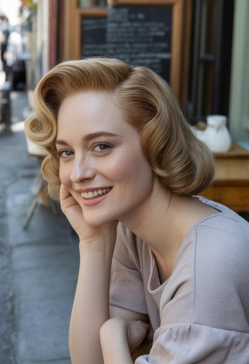 A woman with a vintage hairstyle stands casually in a simple indoor setting, wearing everyday clothes and smiling naturally.