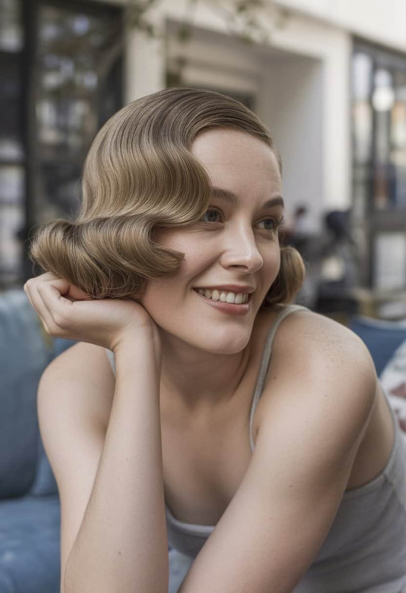 A woman with styled hair smiling naturally in a casual indoor setting.