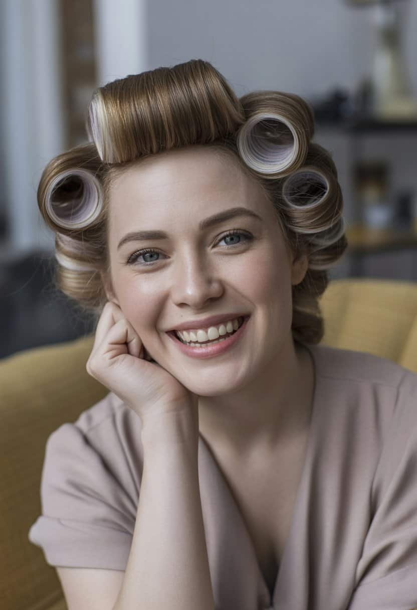 A woman with curled hair stands casually in a simple indoor setting, smiling naturally.