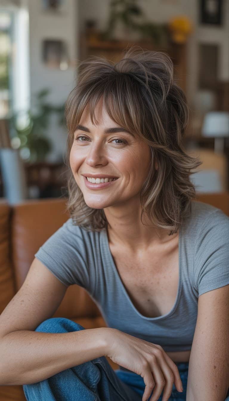 A woman with a mullet wolf cut hairstyle stands casually in a simple indoor setting, wearing everyday clothes and smiling naturally.