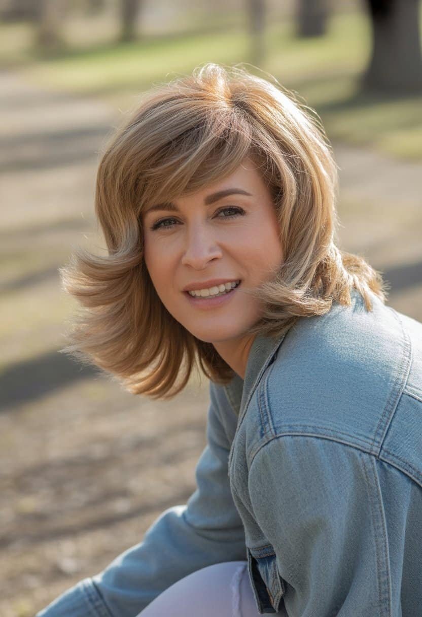 A woman with layered hair standing outdoors in a casual setting, smiling naturally with soft lighting and a blurred background.