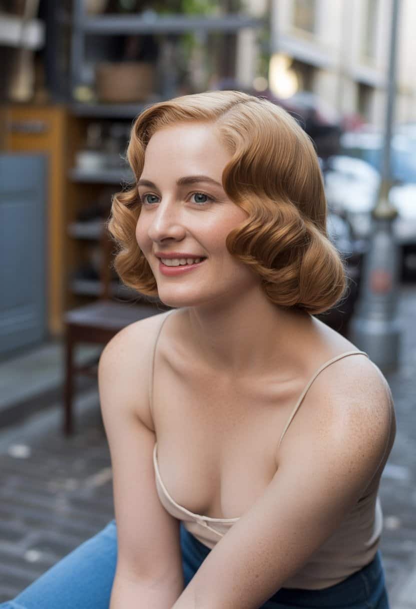 A woman with wavy hair stands in a casual setting, wearing everyday clothes and smiling naturally.