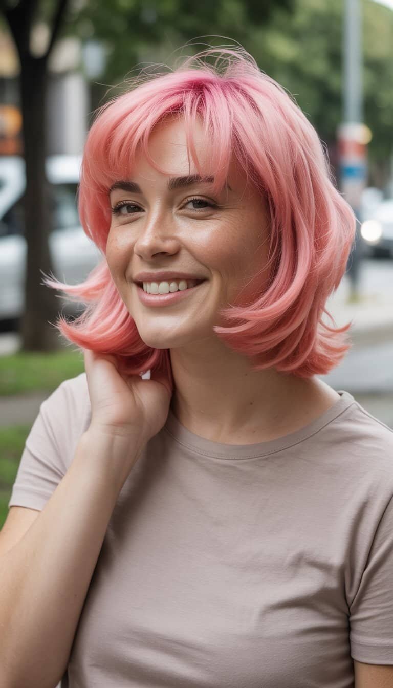 A woman with a pink layered hairstyle stands outdoors in casual clothing, smiling naturally in a relaxed setting.