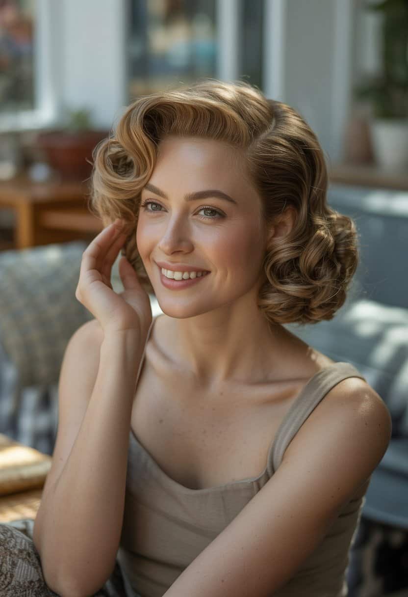 A woman with curled hair stands casually in a simple indoor setting, smiling naturally.