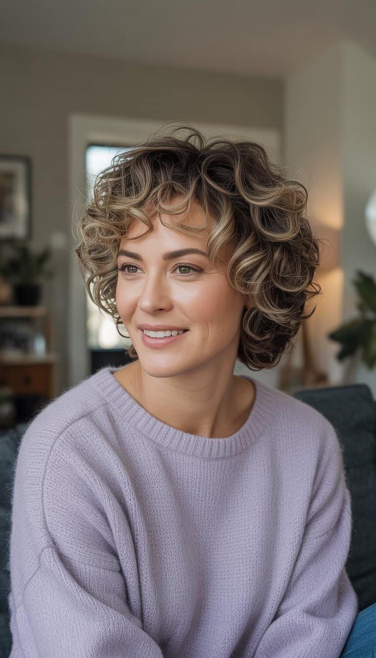 A woman with curly hair styled in a mullet wolf cut stands in a casual setting, wearing casual clothes and looking naturally at ease.